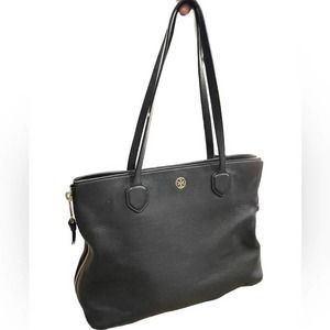 Tory Burch ROBINSON Black Side Zip Pebbled Leather Tote